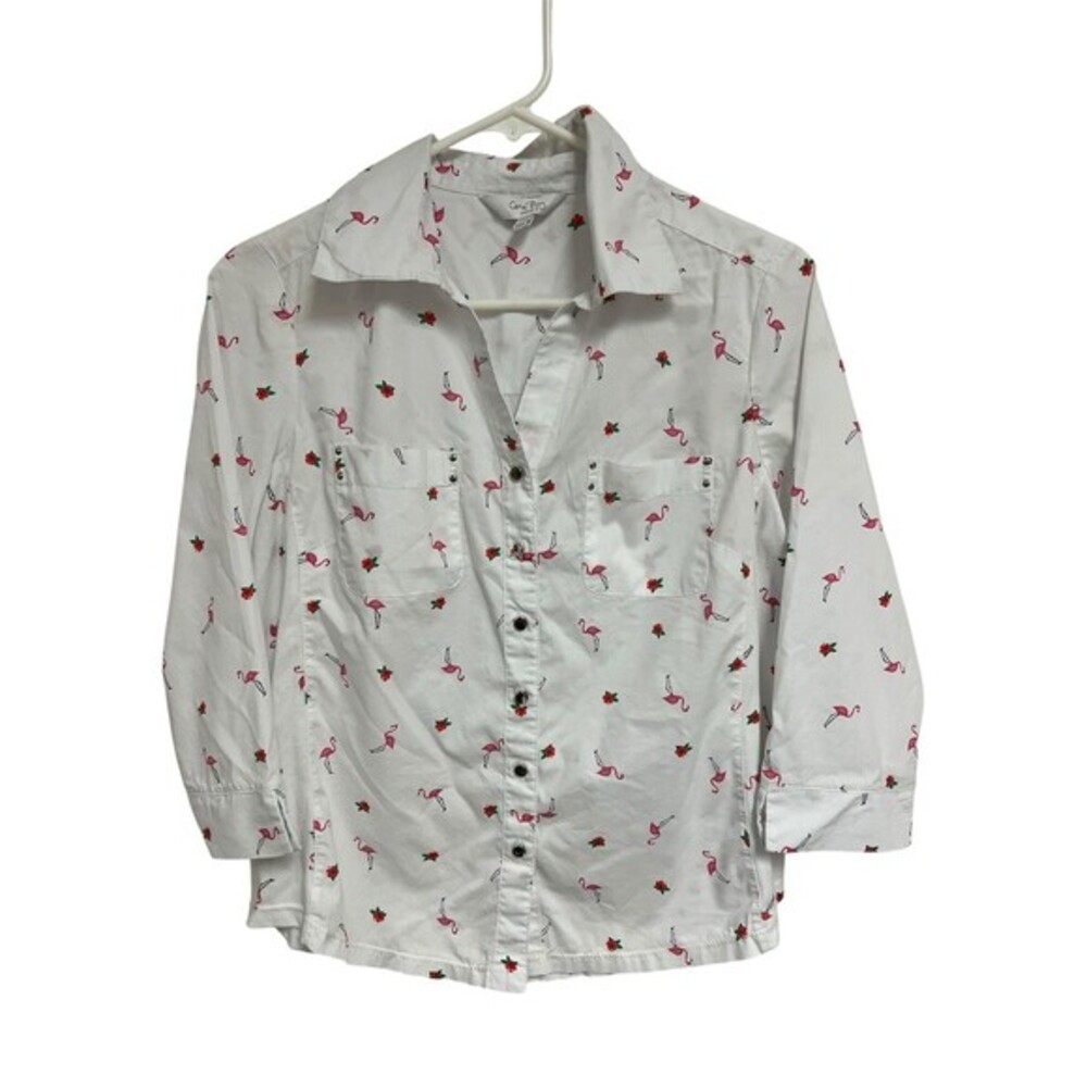 Coral Bay Button-Up Shirt Womens Petite M Flamingo Floral Print 3/4 Sleeve